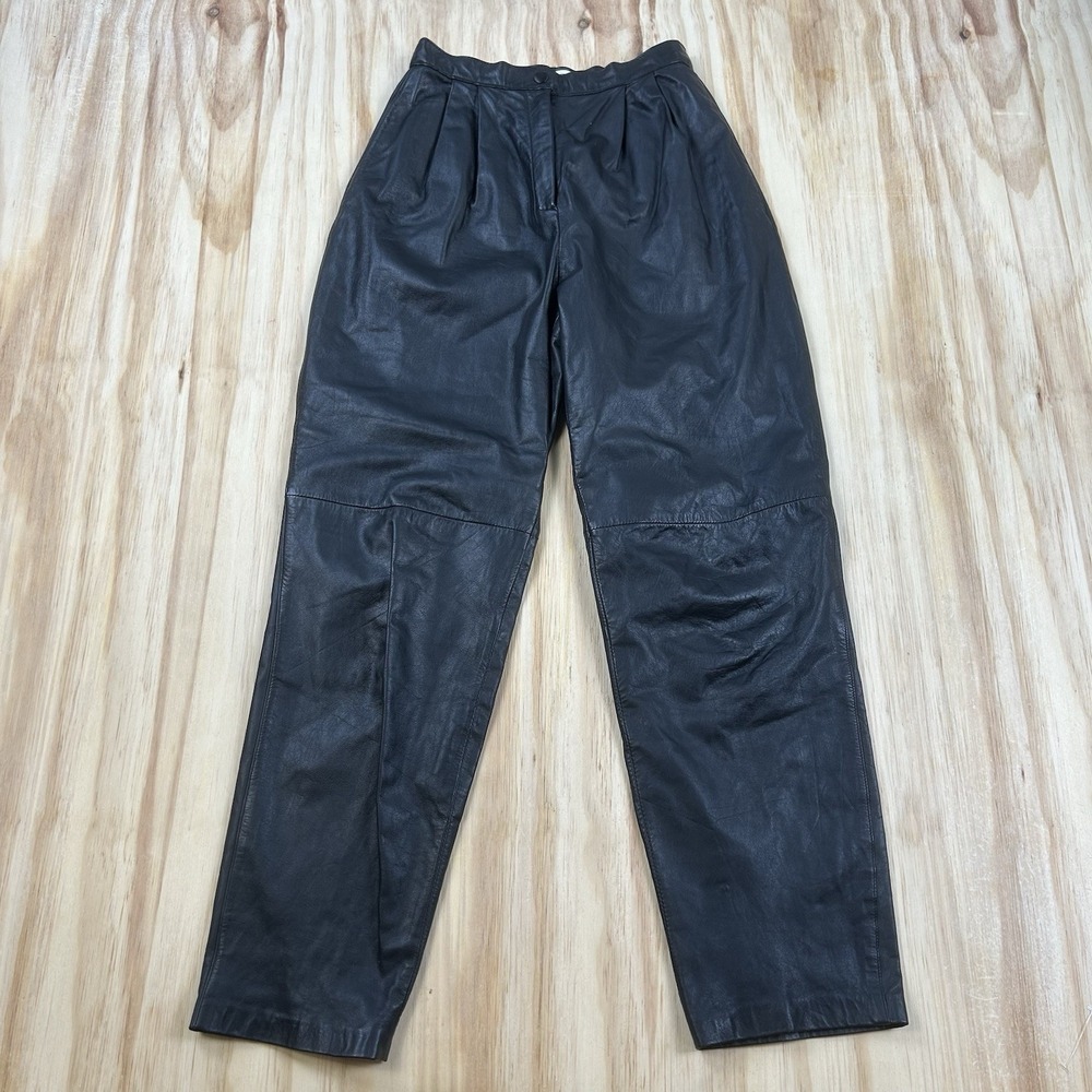 Vintage Evan Davies Petites Women's Real Leather Pants Size 6 Pleated Black